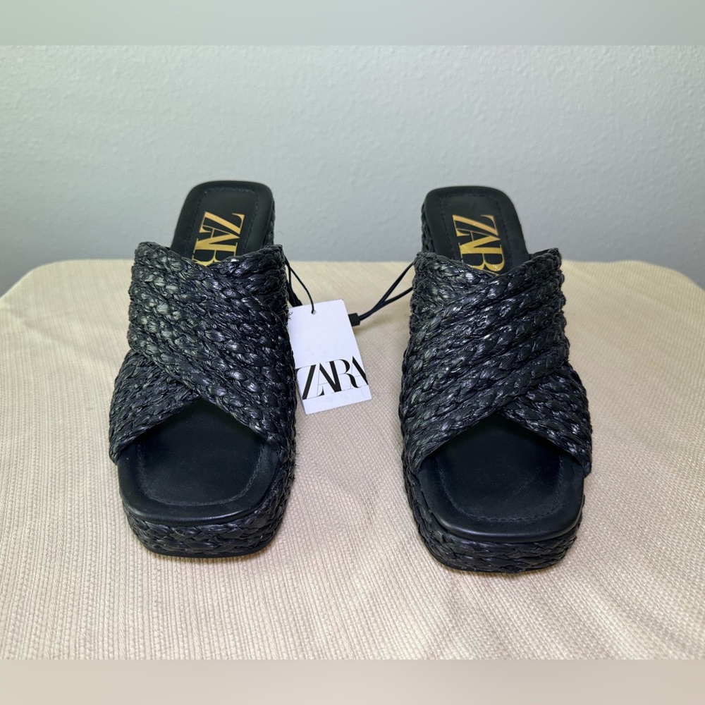 New Zara Woven black chunky platform wedge sandals Sz 9